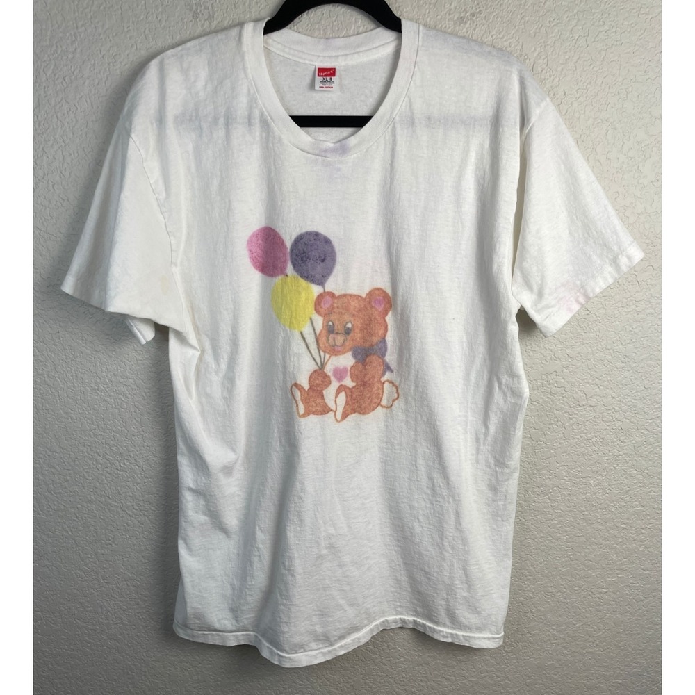 Vintage Teddy Bear with Balloons Single Stitch Tee Shirt XL White Hanes USA